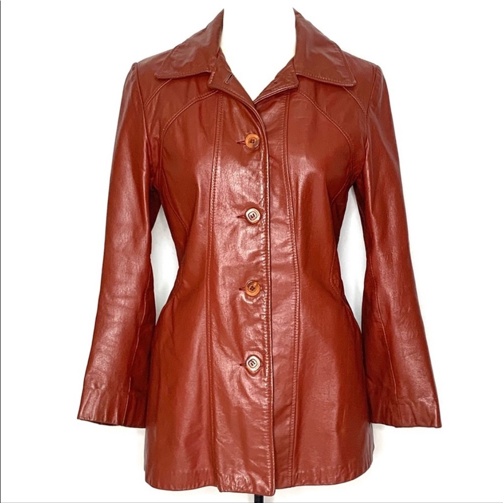 1970’s Vintage Genuine Leather Rust Orange 5 Button Collared Jacket